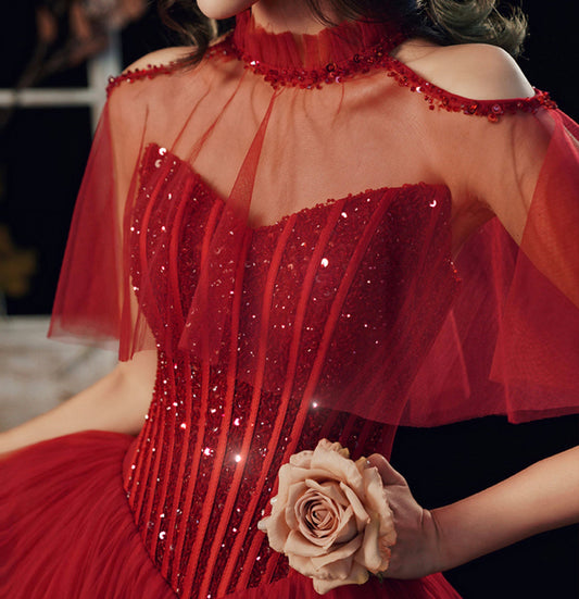 Burgundy tulle sequins long ball gown dress evening gown  8954
