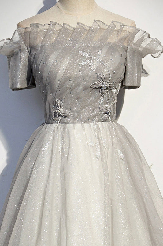 Silver tulle long ball gown dress formal dress  8598