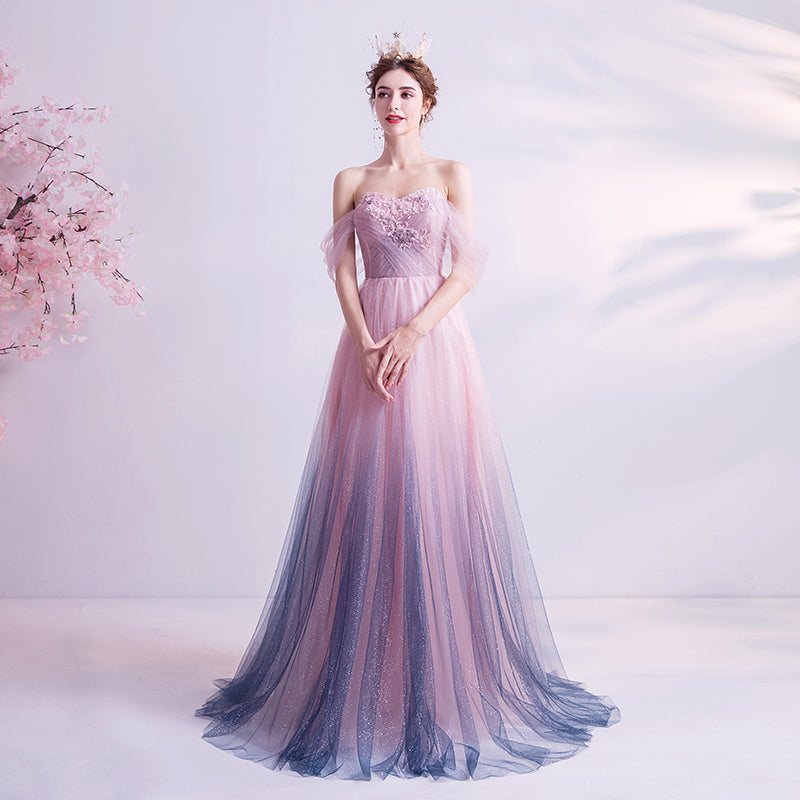 Pink tulle sequins long prom dress evening dress  8249