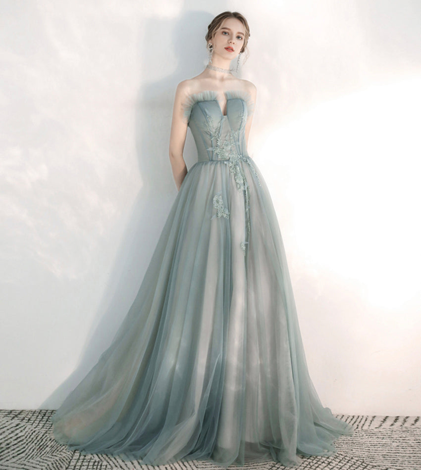 Stylish tulle lace long prom dress green evening dress  8547