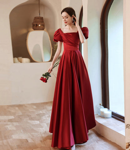 Red satin long A line prom dress red evening dress  10529