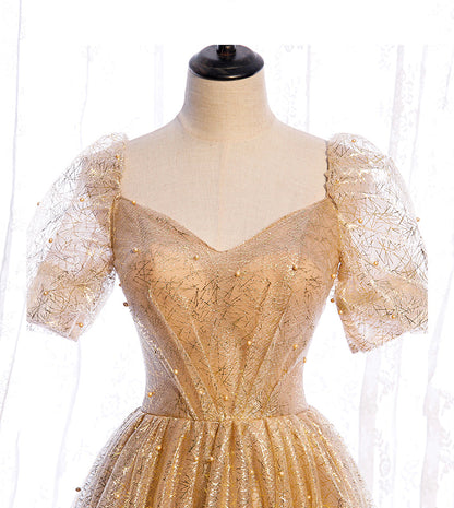Gold tulle sequins long prom dress evening dress  8428
