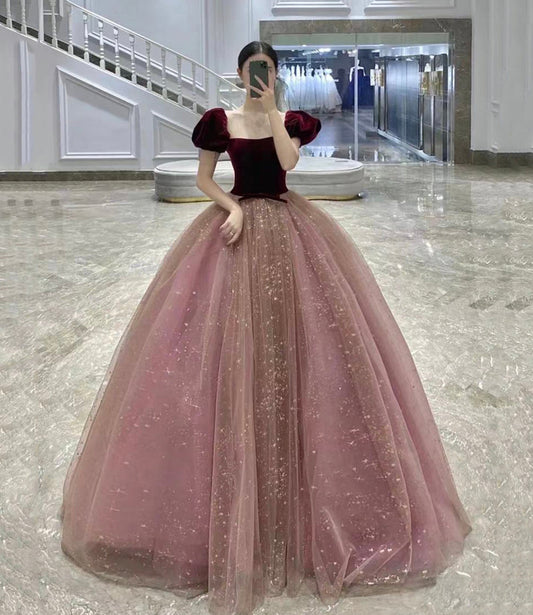 Cute velvet tulle long prom dress A line evening gown  10516