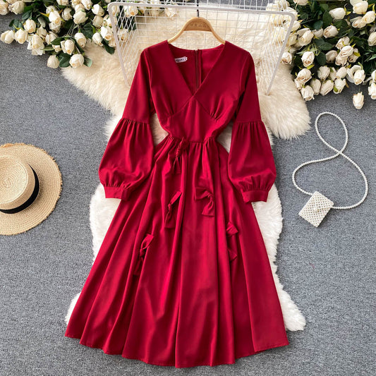 Cute V Neck Long Sleeve Dress A Line Fashion Dress  10858