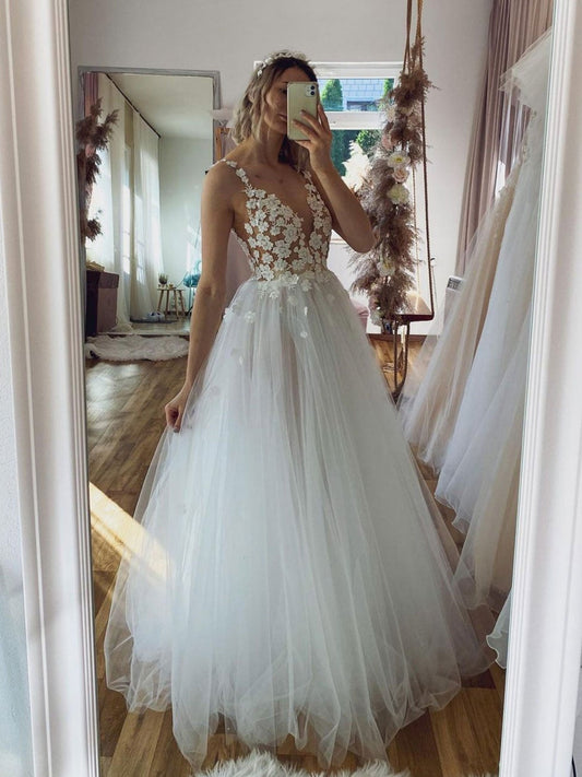 Vestido de fiesta largo de tul con escote en V blanco y encaje, vestido formal de tul blanco