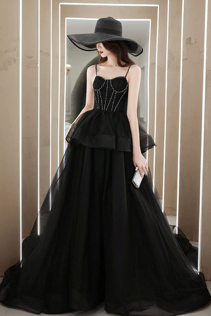 Black tulle long ball gown dress black evening dress  8665