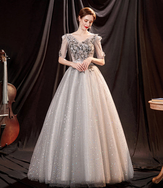Gray tulle sequins long prom dress A line evening dress  8996
