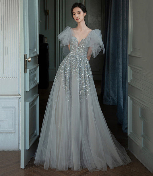 Gray tulle sequins long prom dress A line evening dress  10574