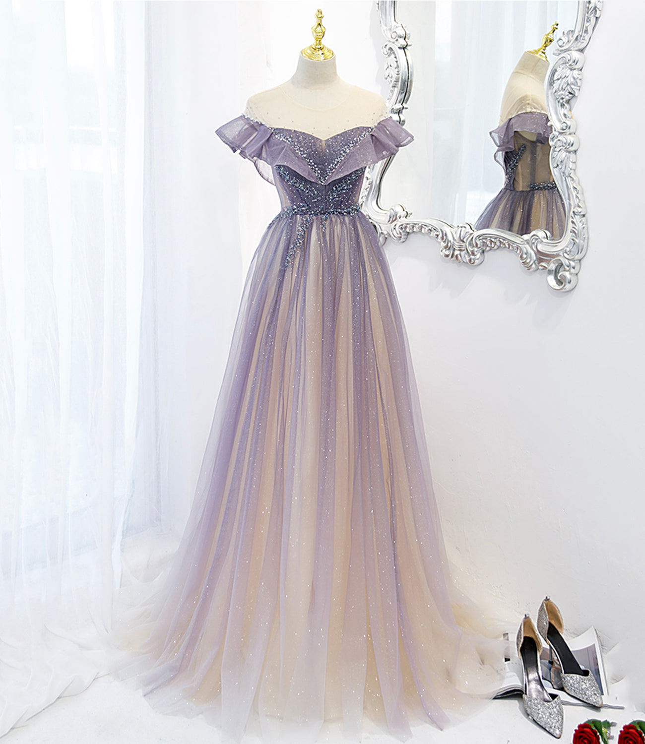 Purple tulle long A line prom dress evening dress  8733
