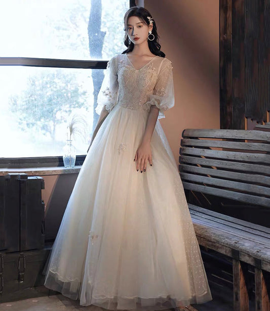 Champagne tulle lace long prom dress evening dress  10017