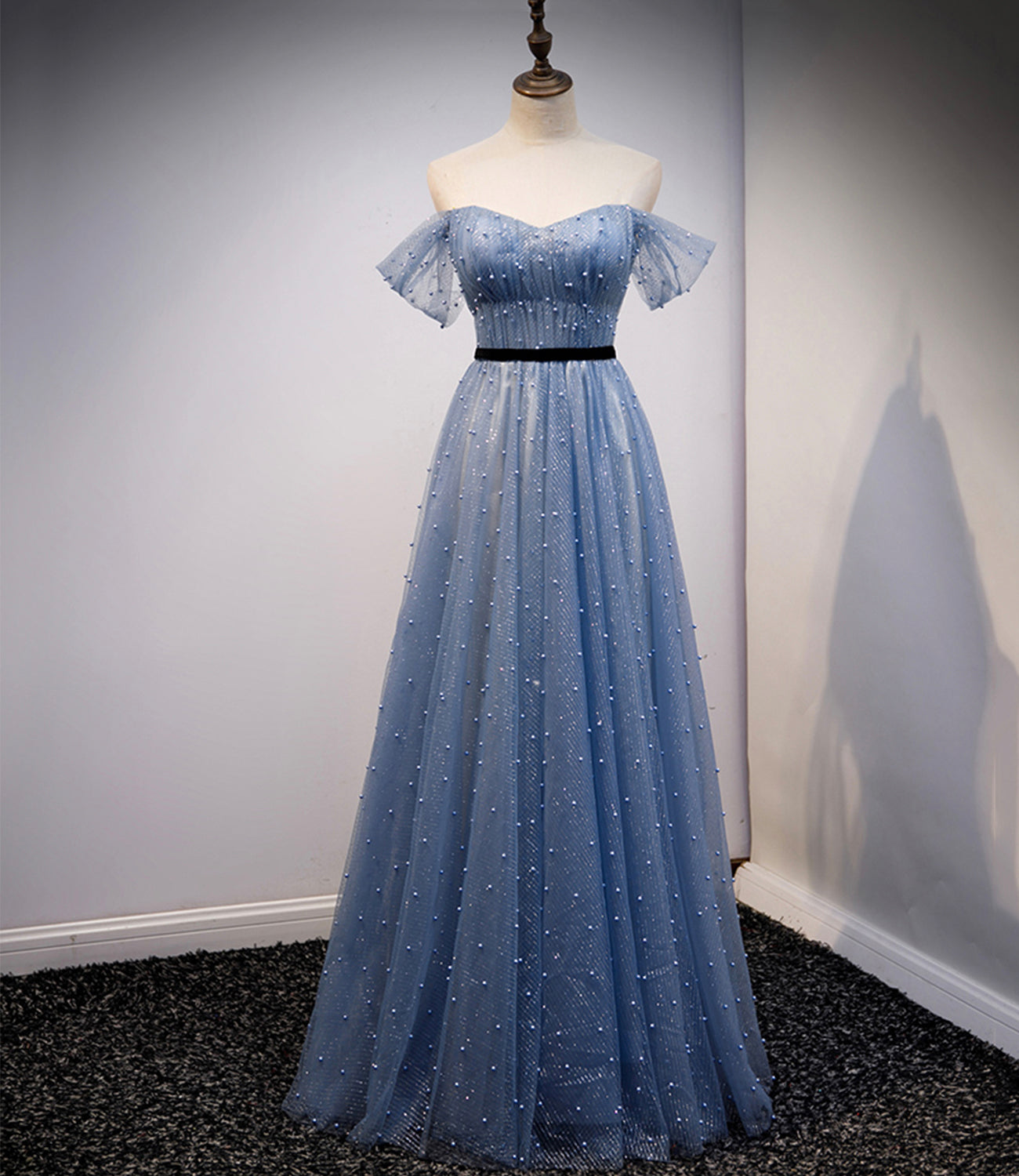 Blue tulle long A line prom dress evening dress  8686
