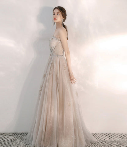 Champagne tulle sequins long prom dress A line evening dress  10472