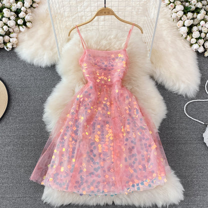 Glittering Sequin lady mesh pink suspender dress summer  11003