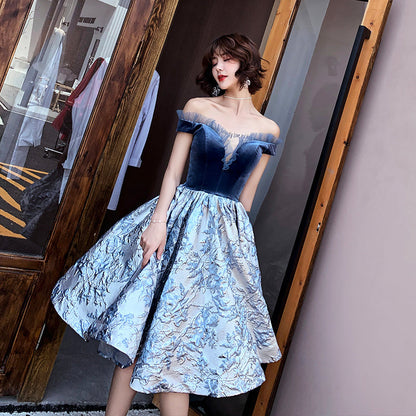 Blue velvet short prom dress party dress  8355