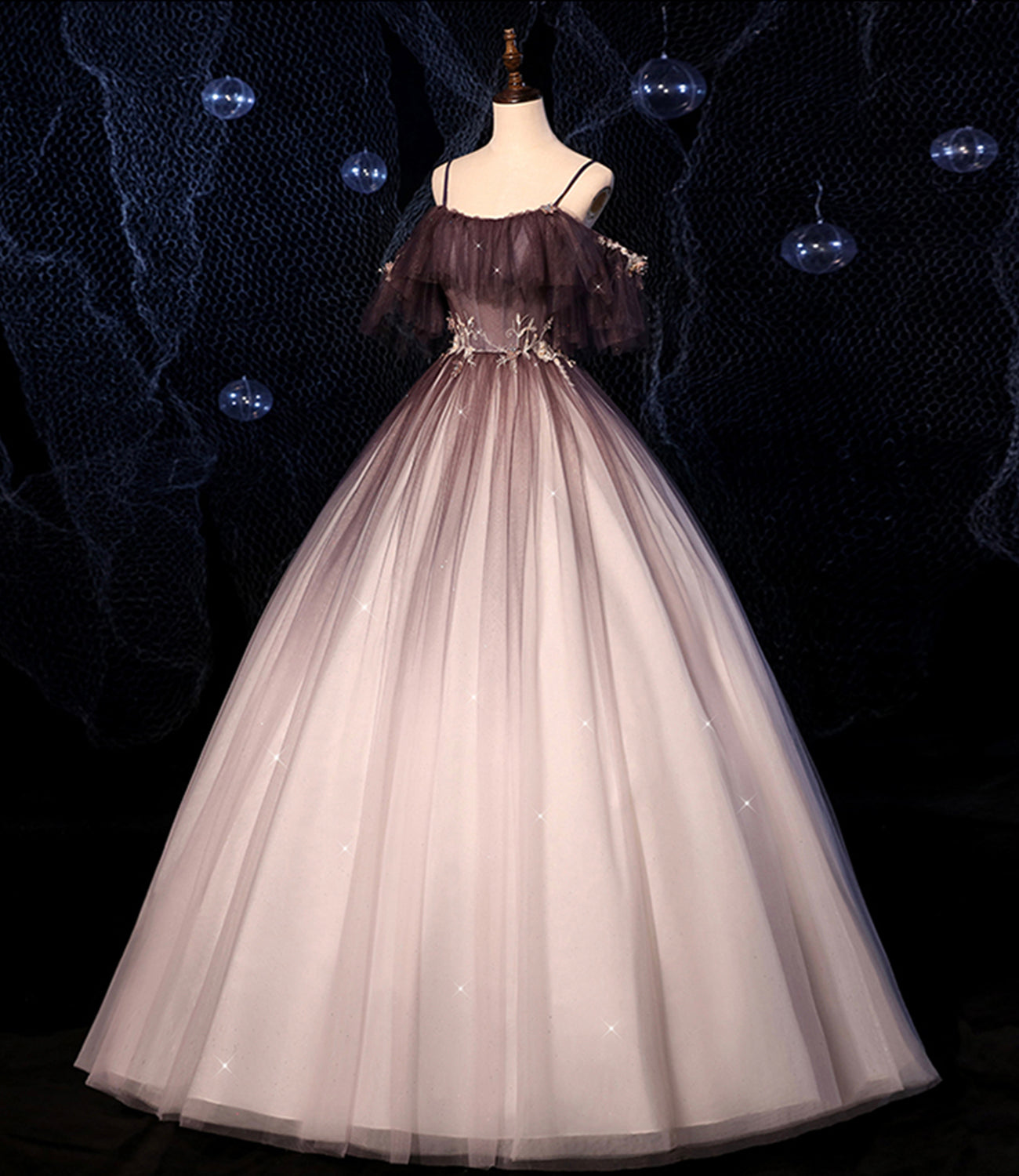 Brown Delicate Floral Applique Fashion A-Line Long Tulle Ball Gown Evening Dress 8721