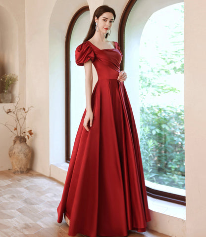 Red satin long A line prom dress red evening dress  10529