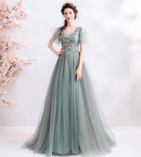 Elegant v neck lace long prom dress evening dress  8531