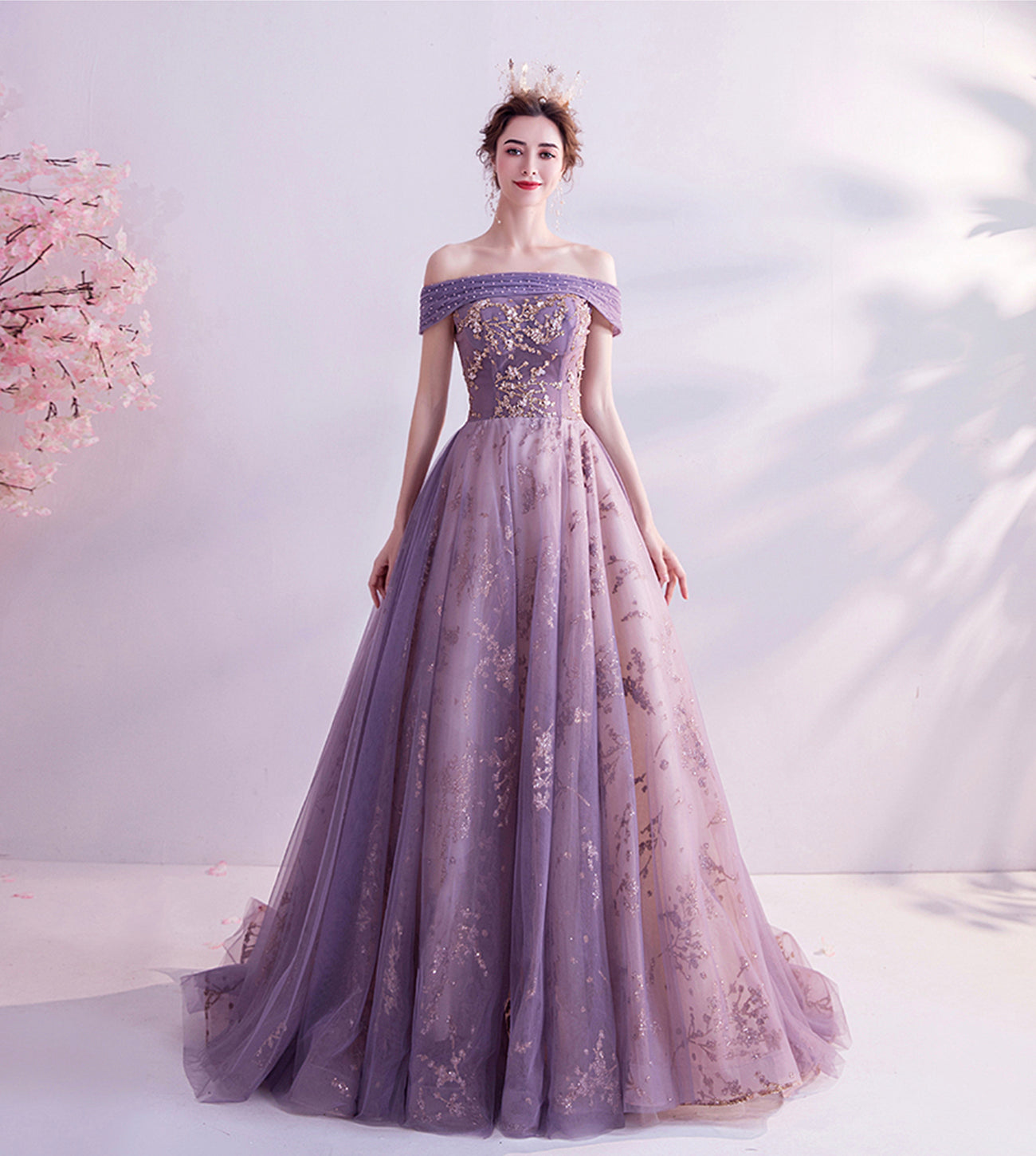 Purple tulle sequins long A line prom dress evening dress  8564