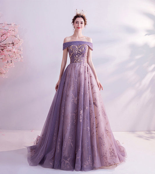 Purple tulle sequins long A line prom dress evening dress  8564