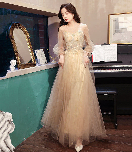 Champagne tulle lace long prom dress A line evening dress  10454
