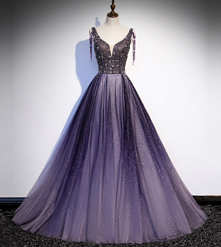 Purple v neck tulle beads long prom dress evening dress  8556