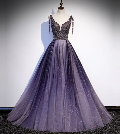 Purple v neck tulle beads long prom dress evening dress  8556