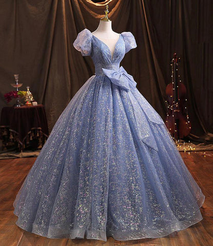 Blue tulle long prom dress A line evening gown  10229