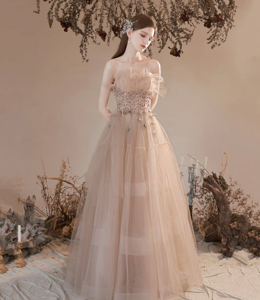 Cute tulle beads long prom dress A line evening dress  10396