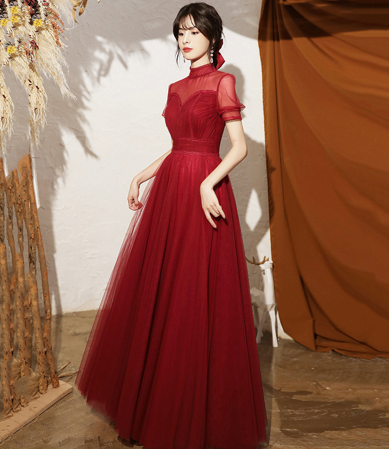 Burgundy tulle long A line prom dress evening dress  8692