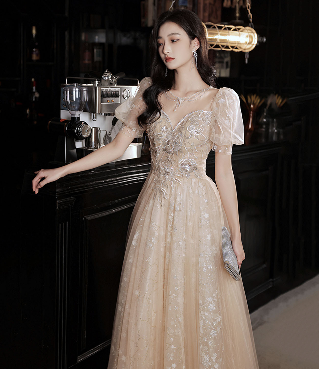 Champagne tulle sequins long prom dress evening dress  10325