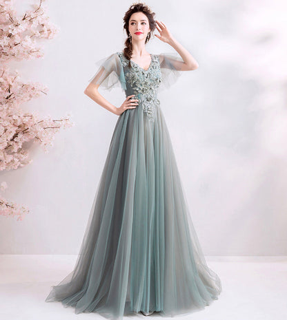 Elegant v neck lace long prom dress evening dress  8531