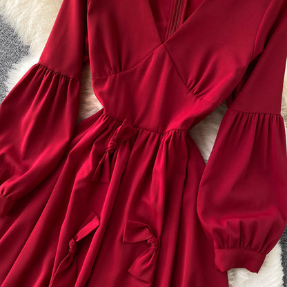 Cute V Neck Long Sleeve Dress A Line Fashion Dress  10858