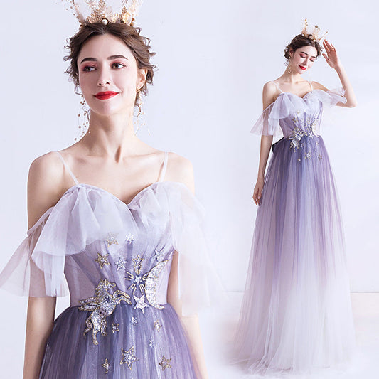 Purple tulle long A line prom dress evening dress  8769