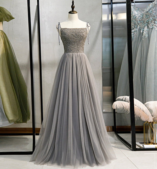 Gray tulle beads long prom gown evening dress  8437
