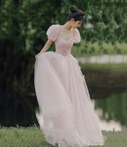 Pink tulle long A line prom dress evening dress  8735