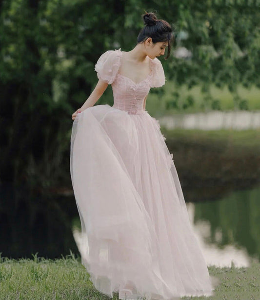 Pink tulle long A line prom dress evening dress  8735