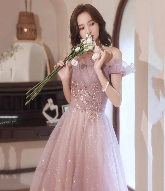 Pink tulle sequins long prom dress pink evening dress  10452