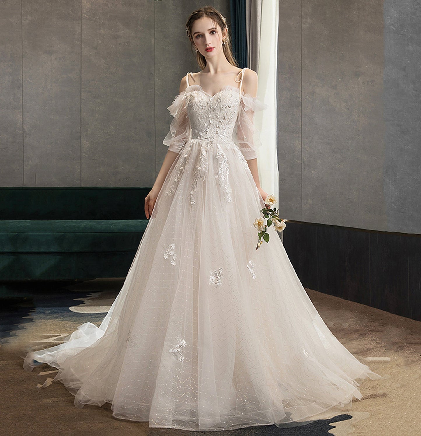 White tulle lace long prom gown A line evening gown  10117