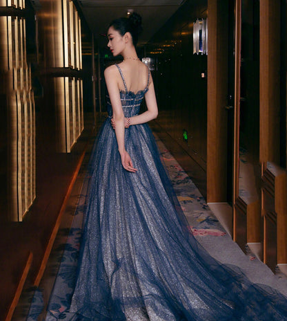 Blue tulle long prom dress shiny evening dress  8582