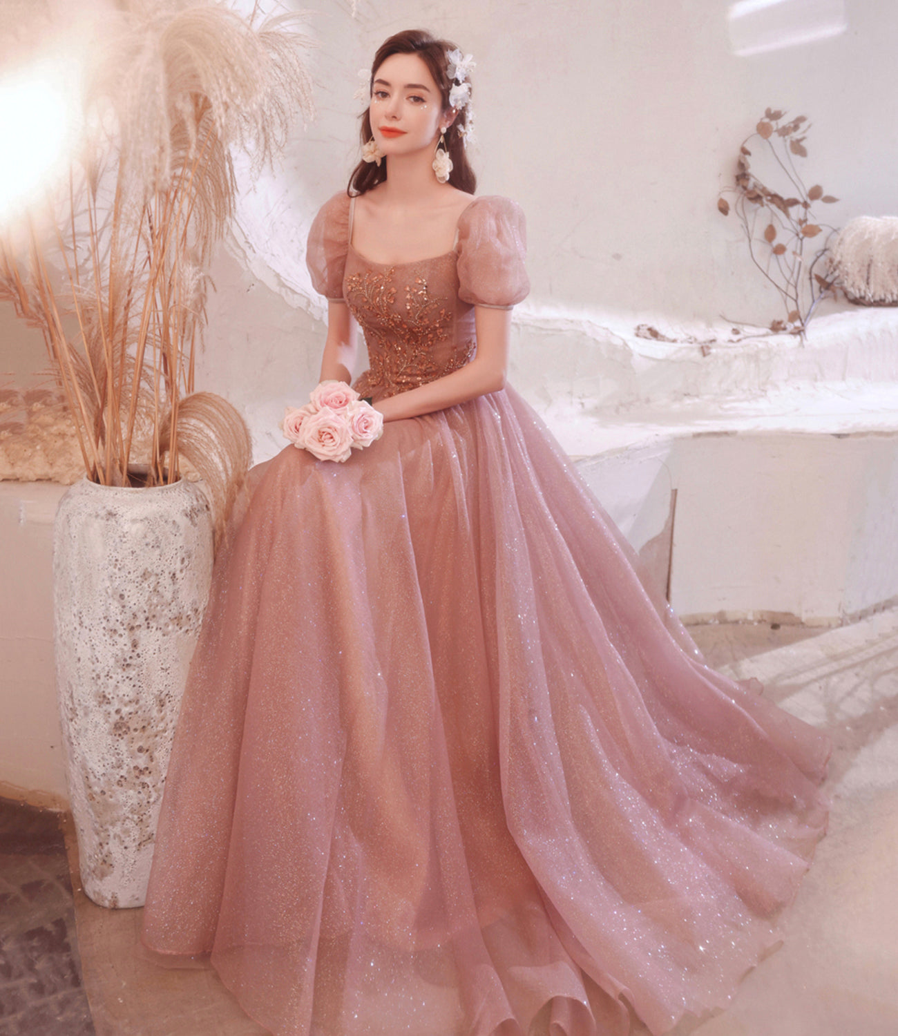 Pink tulle sequins long A line prom dress evening dress  8796