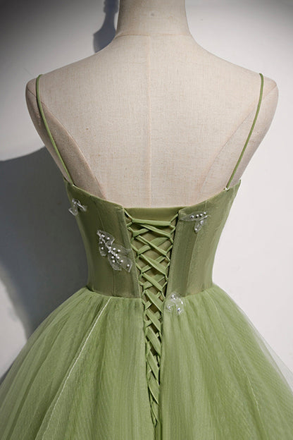 Green tulle long A line prom dress  8589