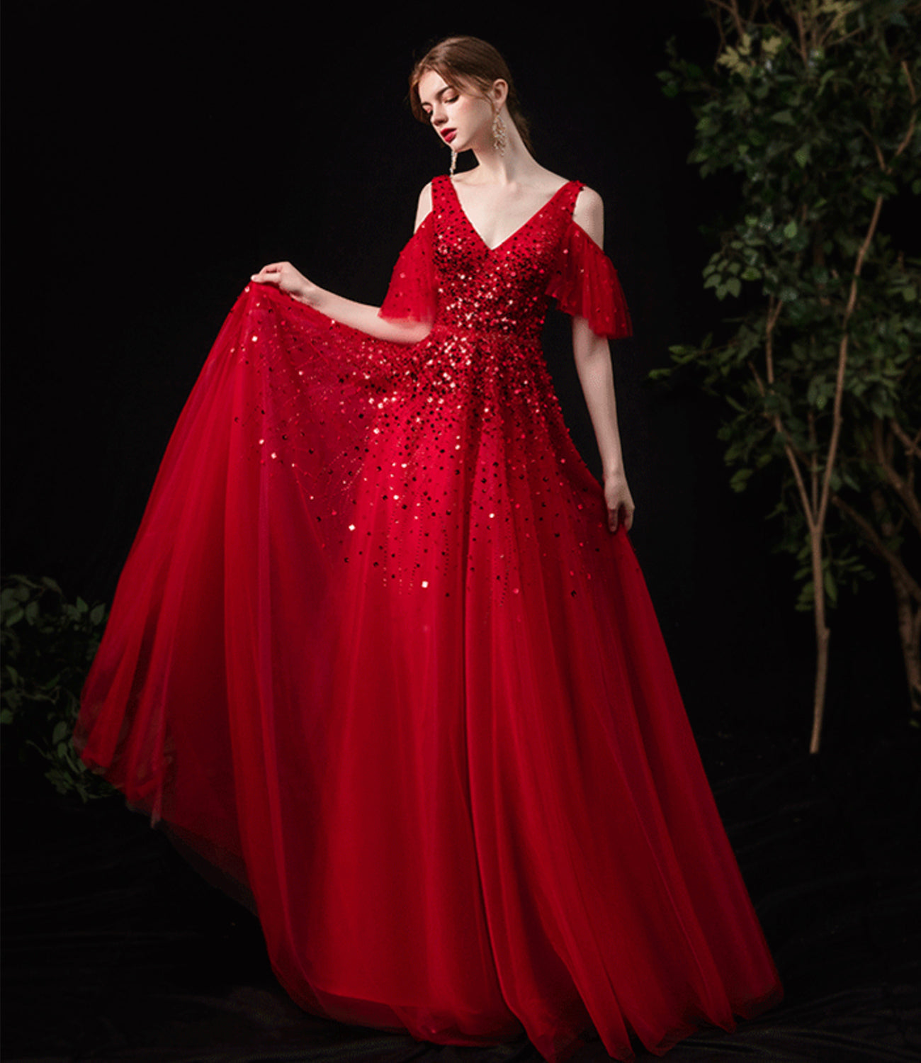 Red tulle sequins long A line prom dress red evening dress  8737