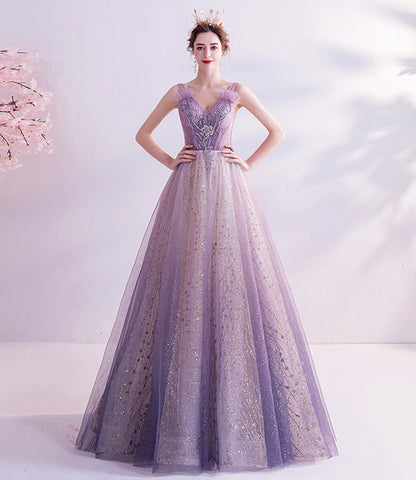 Purple tulle long A line prom dress evening dress  8739