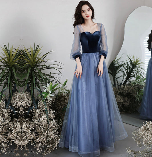 Blue vlevet tulle long prom dress A line evening gown  10077
