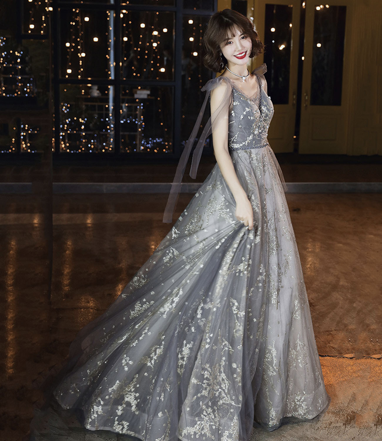 Gray tulle sequins long prom dress A line evening gown  10436