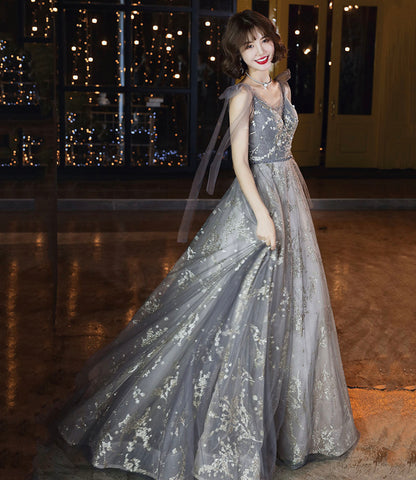 Gray tulle sequins long prom dress A line evening gown  10436