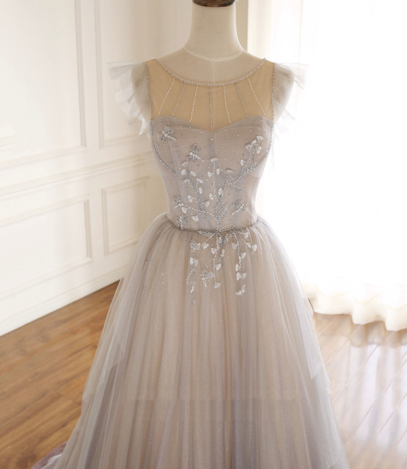 Lilac Elegant Cute Beaded Long Tulle Ball Gown A-Line Evening Dress 10572