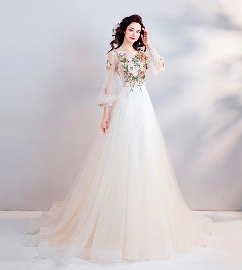 Light champagne lace long prom dress evening dress  8451