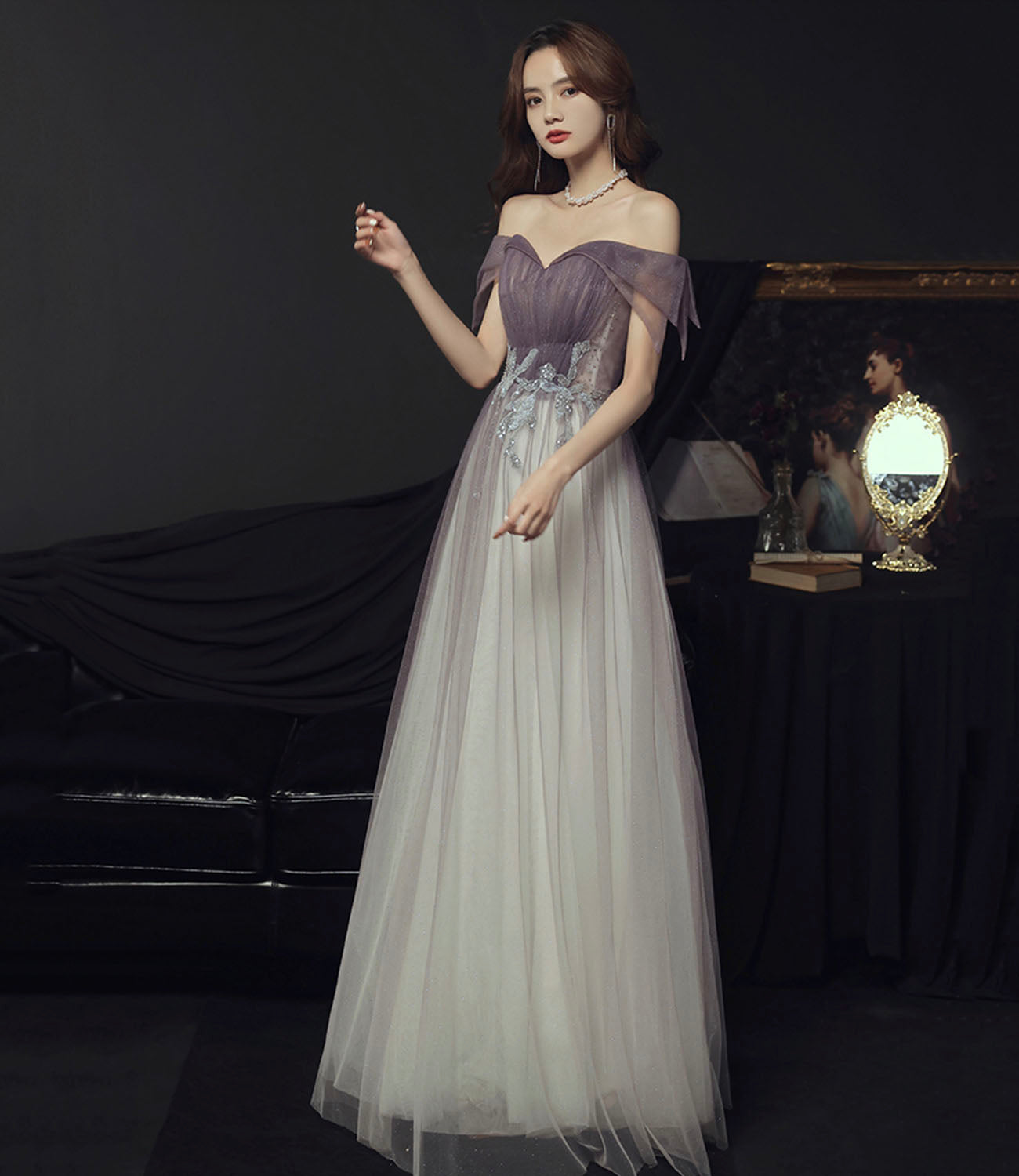Purple tulle sequins long prom dress A line evening dress  10644