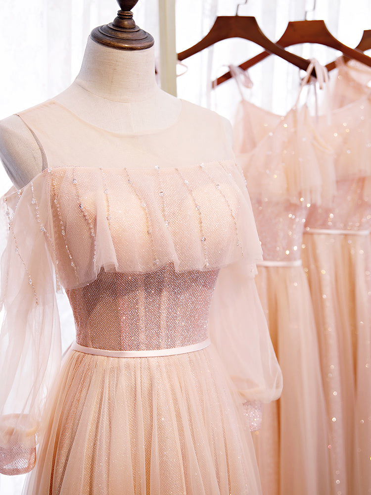 Pink tulle sequins long prom dress  8348